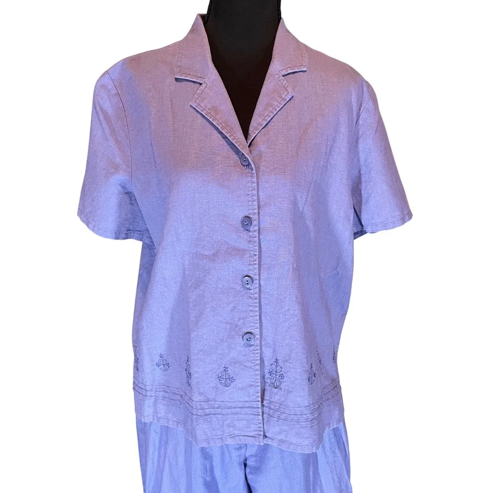 VTG Petite M Periwinkle Linen Blend Embroidered‎ Shirt and Pants Set Coastal Y2K